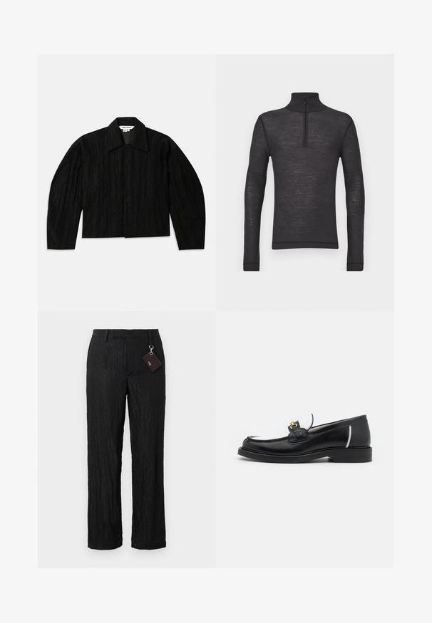 Schwarze kurz geschnittene Jacke mit strukturierter Oberfläche, weitem Kragen und langen, leicht taillierten Ärmeln. Verfügt über einen verdeckten Frontverschluss.; Schwarzes Langarm-Turtleneck-Shirt aus einem strukturierten Stoff, mit einem Halbreißverschluss am Kragen und eng anliegenden Ärmeln.; Schwarze, strukturierte, weit geschnittene Hose mit glatter Oberfläche und sichtbaren Nähten; inklusive eines Schildes, das mit einem silbernen Hardware-Loop befestigt ist.; Schwarze Lederloafers mit runder Zehenpartie, weißen Akzenten und goldenen Beschlägen auf dem Vorderblatt. Verfügt über ein strukturiertes Patch und einen gestapelten Absatz.