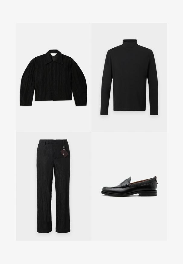 Sort cropped jakke med en tekstureret overflade, bred krave og lange, let indsnævrede ærmer. Har en skjult frontlukning.; Sort turtleneck skjorte lavet af glat stof. Har lange ærmer og en høj krave. Enkel design uden yderligere mønstre eller accenter.; Sorte, teksturerede bukser med vide ben, glat overflade og synlige sømme; inkluderer et mærke fastgjort med en sølvhardware løkke.; Sort læder herre loafer med moc-tå syning, penny strop, struktureret krave og lav stablet hæl på hvid baggrund.