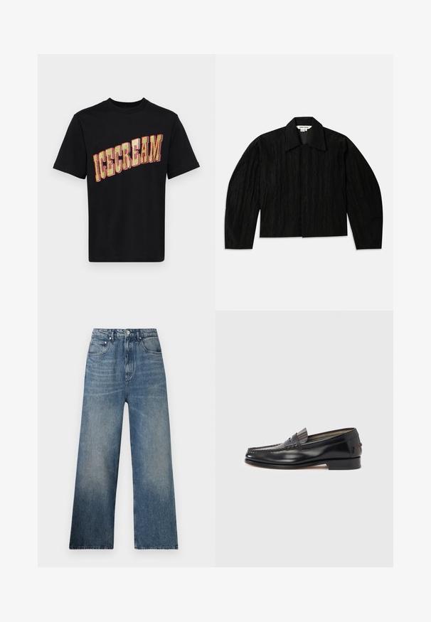 Zwarte cropped jas met een gestructureerd oppervlak, brede kraag en lange, iets taps toelopende mouwen. Voorzien van een verborgen sluiting aan de voorkant.; Zwarte katoenen t-shirt met een grote, gedurfde "ICECREAM" grafiek in geel en rood, met een tekstuur en patroonontwerp op de letters.; Blauwe denim wijdgerande jeans met een hoge taille, voorzien van subtiele vervaging, vijf zakken en een metalen knoopsluiting aan de voorkant.; Zwarte leren loafers met een mocassin-stijl ontwerp, voorzien van een decoratieve band en stiksel detail op het bovenwerk. Lage blokhak.
