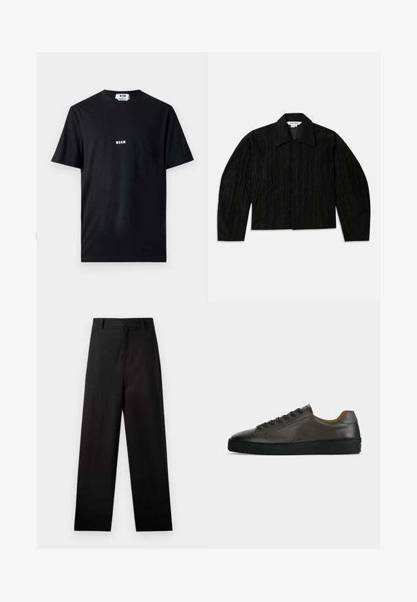 Veste noire courte avec une surface texturée, large col et manches longues légèrement ajustées. Présente une fermeture frontale cachée.; T-shirt en coton noir avec un col rond et des manches courtes. Le devant affiche le logo blanc "MSGM" centré. Texture lisse, coupe standard.; Pantalons noirs en coton avec une coupe droite, dotés d'une fermeture à bouton à l'avant et de poches latérales. Texture lisse, sans motifs.; Basket basse en cuir gris foncé avec lacets et semelle noirs, design minimaliste, profil latéral sur un fond clair uni.