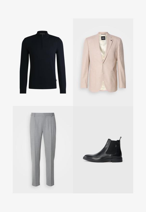 Heller rosa Blazer mit dezentem Karomuster. Verfügt über einen Reverskragen, zwei vordere Taschen und einen einzelnen Knopfverschluss. Gefüttertes Innenfutter.; Dunkelblauer Pullover mit hohem Kragen und halblangem Reißverschluss. Aus glattem Strickstoff mit gerippten Bündchen und Saum. Einfaches Design.; Grau zugeschnittene Hosen mit glatter Textur, flachem Frontbereich, geraden Beinen und dezenten Falten für zusätzliche Details.; Schwarze Leder Chelsea-Boots mit elastischen seitlichen Einsätzen, einer Zugschlaufe und einer flachen Gummisohle. Glatte Textur mit minimaler Ausgestaltung.