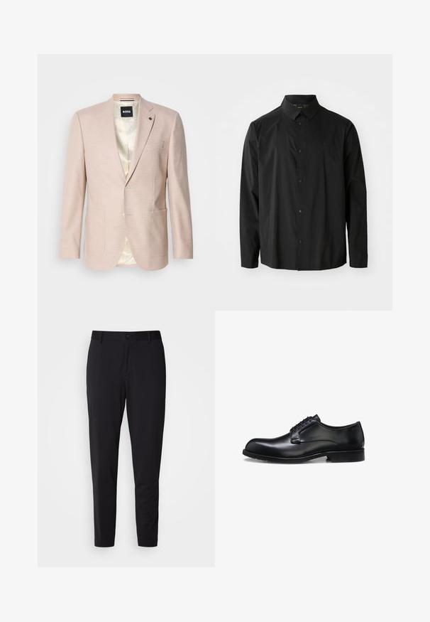 Lyserød blazer med et subtilt ternet mønster. Har en spids krave, to forreste lommer og en enkelt knaplukning. Foret inderdel.; Sort langærmet skjorte lavet af letvægtsstof. Har en knaplukning foran, spids krave og et diskret brandlogo på brystet.; Sorte bukser med struktureret stof, der har en lige pasform, standard talje med en knap og sidelommer.; Sort poleret læder herresko med lukket snøresystem, lav hæl og diskret mærkedetalje nær hælen på hvid baggrund.