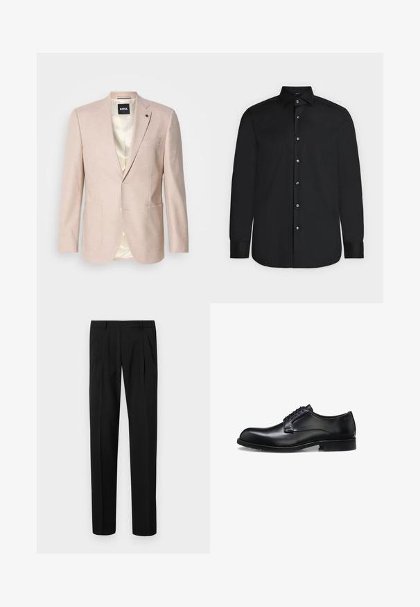 Lyserød blazer med et subtilt ternet mønster. Har en spids krave, to forreste lommer og en enkelt knaplukning. Foret inderdel.; Sort langærmet skjorte med knapper og spids krave samt hvide knapper, vist fladt på en lys baggrund.; Sorte bukser lavet af struktureret stof, med folder foran, knaplukning, bæltestropper og lige ben.; Sort poleret læder herresko med lukket snøresystem, lav hæl og diskret mærkedetalje nær hælen på hvid baggrund.