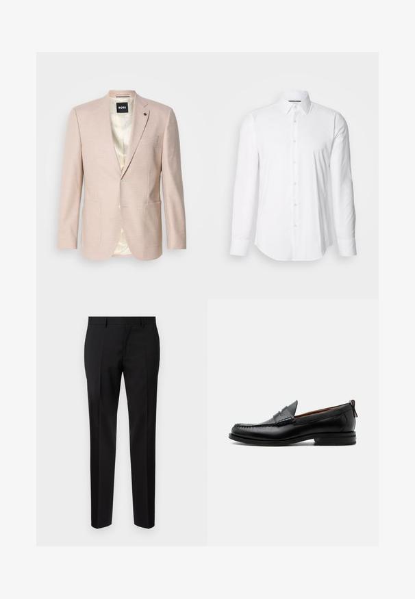 Blazer rosa claro con un sutil patrón de cuadros. Cuenta con solapa muestrada, dos bolsillos frontales y cierre de un solo botón. Forrado en su interior.; Camisa blanca de manga larga hecha de tejido suave, con un cuello clásico y diseño de botones en la parte delantera, con un dobladillo curved. Los botones tienen un acabado ligeramente brillante.; Pantalones negros de corte ajustado, hechos de una tela suave, con pernera recta, detalles de pinzas refinadas y una cinturilla clásica con ojales para cinturón.; Mocasín de hombre de piel negra con costura moc toe, tira penny, cuello texturizado y tacón bajo apilado sobre fondo blanco.