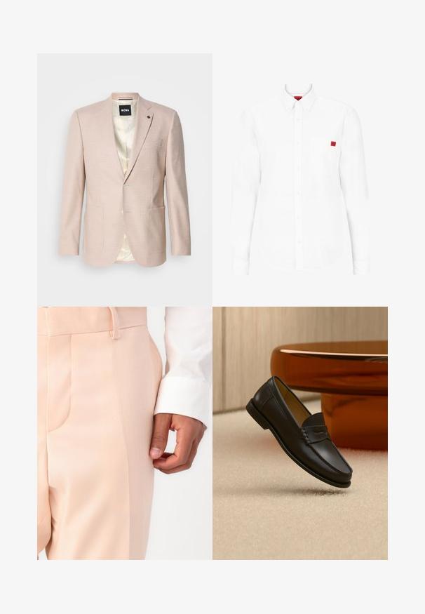 Blazer rose clair avec un motif à carreaux subtil. Présente un col cranté, deux poches avant et une fermeture à un bouton. Intérieur doublé.; Chemise blanche à manches longues en coton, avec un col boutonné, une poche poitrine et un petit badge logo rouge sur la poitrine.; Pantalon sur mesure rose pâle avec une texture lisse, doté d'une poche latérale et d'une boucle de ceinture, associé à un poignet de chemise blanche.; Chaussure mocassin en cuir noir suspendue au-dessus d’un tapis beige avec du mobilier moderne couleur ambre en arrière-plan.