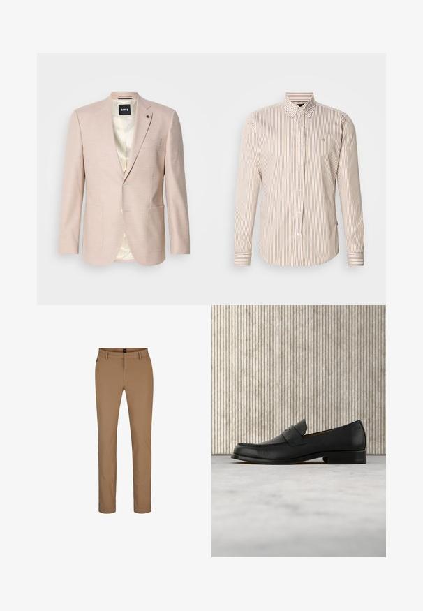 Blazer rose clair avec un motif à carreaux subtil. Présente un col cranté, deux poches avant et une fermeture à un bouton. Intérieur doublé.; Chemise à boutons rayée beige et marron clair. Manches longues, col classique, boutons sur le devant, et petit logo sur la poitrine. Tissu en coton.; Pantalon marron clair en mélange de coton avec une coupe droite, poches avant et fermeture éclair. Matériaux minimaux et sans motifs visibles.; Mocassin en cuir noir flottant au-dessus d'un tapis beige avec une table ronde brune brillante en arrière-plan.