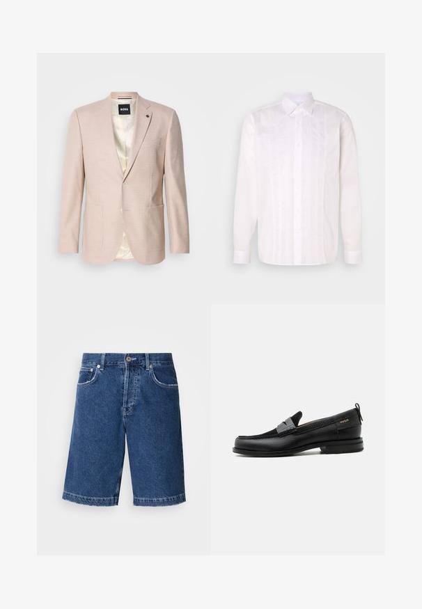 Heller rosa Blazer mit dezentem Karomuster. Verfügt über einen Reverskragen, zwei vordere Taschen und einen einzelnen Knopfverschluss. Gefüttertes Innenfutter.; Weißes Langarmhemd mit klassischem Kragen, das vertikale Paspeldetails und eine Knopfleiste auf der Vorderseite aufweist.; Jeansshorts in Dunkelblau, mit geradem Schnitt, zwei vorderen Taschen und einer klassischen Knopfleiste. Genähter Saum mit leichter Ausbleichung.; Schwarzer Lederloafer mit grauem Riemendetail, niedrigem Absatz und strukturierter Sohle, seitlich mit „HUGO“ in Gold gebrandmarkt.