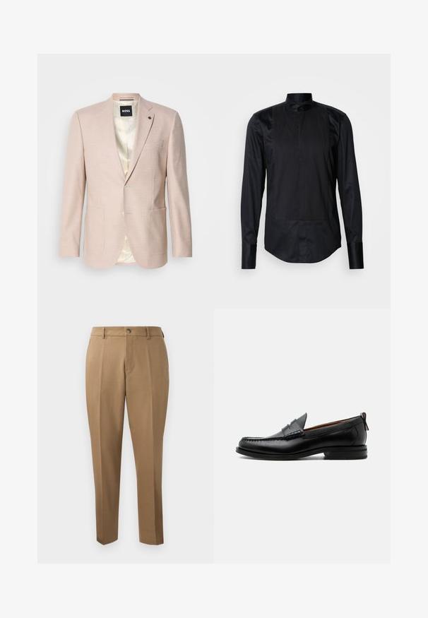Blazer rosa claro con un sutil patrón de cuadros. Cuenta con solapa muestrada, dos bolsillos frontales y cierre de un solo botón. Forrado en su interior.; Camisa negra de manga larga con cuello mao, panel frontal con rayas verticales y textura suave. Completa con cierres de botón.; Pantalones marrones a medida con corte recto, pinzas simples, trabillas para cinturón y cierre frontal con botón. Tela suave con una textura mate.; Mocasín de hombre de piel negra con costura moc toe, tira penny, cuello texturizado y tacón bajo apilado sobre fondo blanco.