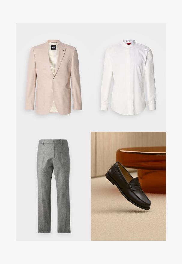 Blazer rosa claro con un sutil patrón de cuadros. Cuenta con solapa muestrada, dos bolsillos frontales y cierre de un solo botón. Forrado en su interior.; Camisa blanca de manga larga con cuello alto, confeccionada en algodón. Presenta una tapeta frontal, diseño minimalista y una sutil marca en el interior del cuello.; Pantalones grises texturizados con un diseño de pierna recta, que presentan un cierre frontal con botón y cremallera. Detalle sutil de patrón de espiga.; Zapato mocasín de cuero negro suspendido sobre una alfombra beige con muebles modernos de color ámbar en el fondo.