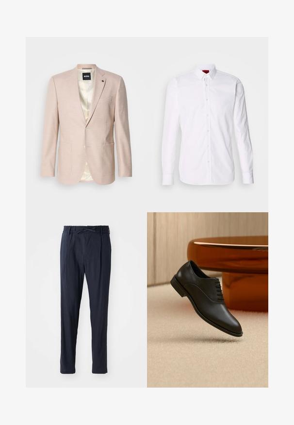Heller rosa Blazer mit dezentem Karomuster. Verfügt über einen Reverskragen, zwei vordere Taschen und einen einzelnen Knopfverschluss. Gefüttertes Innenfutter.; Weißes Langarm-Hemd mit Knopfleiste, klassischem Kragen und einer glatten Baumwolltextur.; Marineblaue Hose mit elastischem Bund und Kordelzug. Verfügt über ein gerades Beindesign und eine leichte, glatte Stofftextur.; Schwarzer polierter Lederschnürschuh über beigem Teppich schwebend, mit großem rundem bernsteinfarbenem Glastisch im Hintergrund.