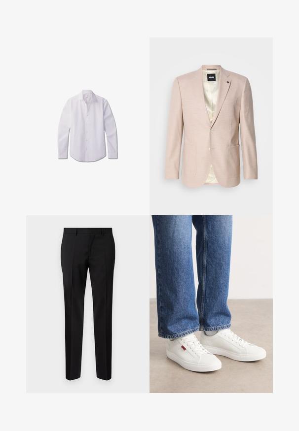 Blazer rose clair avec un motif à carreaux subtil. Présente un col cranté, deux poches avant et une fermeture à un bouton. Intérieur doublé.; Chemise blanche à manches longues avec boutons, en tissu lisse, dotée d'un col classique, d'une patte de boutonnage avant et d'un ourlet arrondi.; Pantalons noirs ajustés en tissu lisse, présentant une jambe droite, des détails de pli raffinés et une taille classique avec passants de ceinture.; Baskets blanches avec une surface lisse, un bout rond et une semelle plate. Accompagnées d'un jean en denim bleu avec une coupe droite et des coutures visibles.