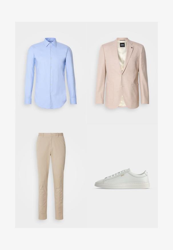 Lichtroze blazer met een subtiel ruitpatroon. Heeft een geknipt revers, twee voorzakken en een sluiting met één knop. Gevoerd interieur.; Lichtblauw shirt met lange mouwen van katoen, met een knoopsluiting aan de voorkant, kraag en afgeronde zoom. Gladde textuur zonder patronen.; Beige katoenen broek met een recht model, voorzien van een ritssluiting, zijzakken en subtiele stikdetails. Soepele textuur.; Witte lage leren sneaker met veters, platte zool en klein gouden "BOSS" logo aan de zijkant, gezien vanaf de buitenkant.