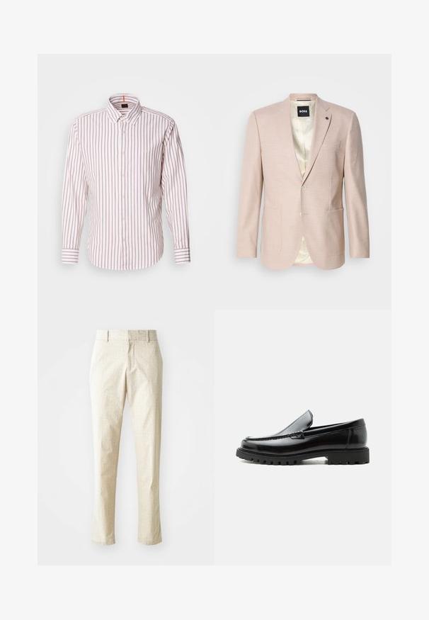 Lyserød blazer med et subtilt ternet mønster. Har en spids krave, to forreste lommer og en enkelt knaplukning. Foret inderdel.; Stribet skjorte i hvid og lys pink. Har krave, lange ærmer og et lille logo på brystet. Lavet af bomuldsmateriale.; Lys beige skræddersyede bukser med et tekstureret mønster, lige pasform og medium høj talje, der har bæltestropper og ingen synlige lommer.; Sort læderloafer med chunky gummisål, syet overdel og præget mærkenavn på hælen, vist i sideprofil på hvid baggrund.
