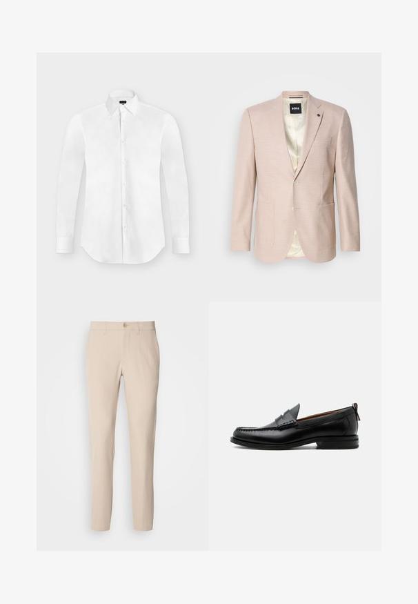 Blazer rosa claro con un sutil patrón de cuadros. Cuenta con solapa muestrada, dos bolsillos frontales y cierre de un solo botón. Forrado en su interior.; Camisa blanca de vestir de manga larga con botones y cuello puntiagudo, colocada perfectamente plana sobre un fondo gris claro.; Pantalones beige hechos de una tela suave, con cierre de botón, corte recto y bolsillos laterales. Textura suave con detalles de costura mínimos.; Mocasín de hombre de piel negra con costura moc toe, tira penny, cuello texturizado y tacón bajo apilado sobre fondo blanco.