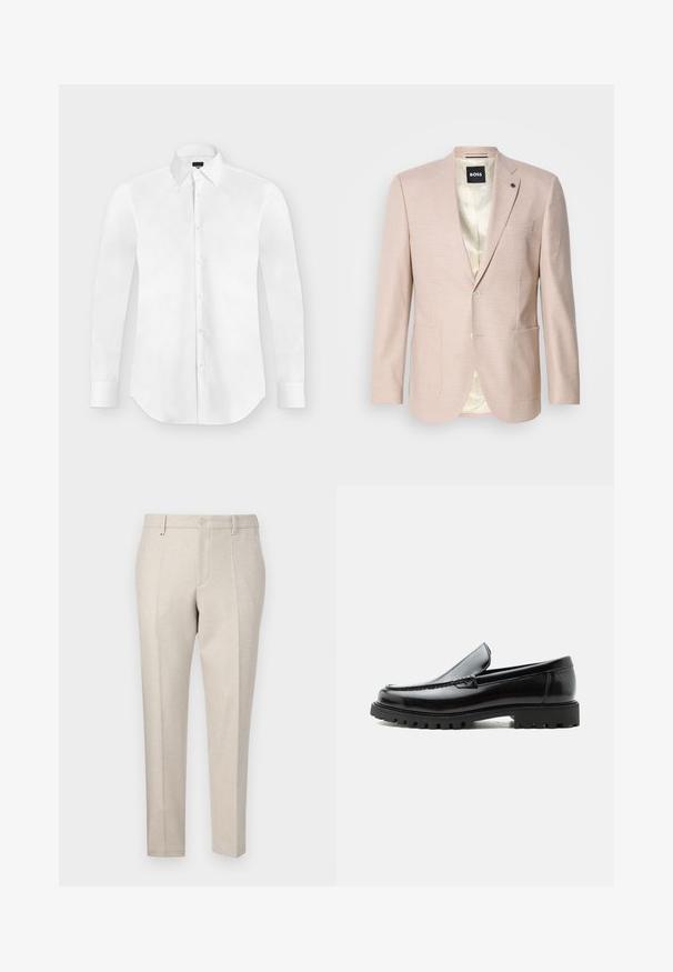Blazer rosa claro con un sutil patrón de cuadros. Cuenta con solapa muestrada, dos bolsillos frontales y cierre de un solo botón. Forrado en su interior.; Camisa blanca de vestir de manga larga con botones y cuello puntiagudo, colocada perfectamente plana sobre un fondo gris claro.; Pantalones beige ajustados de tela texturizada, con un corte clásico, pliegues planchados y bolsillos frontales.; Mocasín de cuero negro con suela de goma gruesa, empeine cosido y nombre de la marca en relieve en el talón, mostrado en perfil lateral sobre fondo blanco.