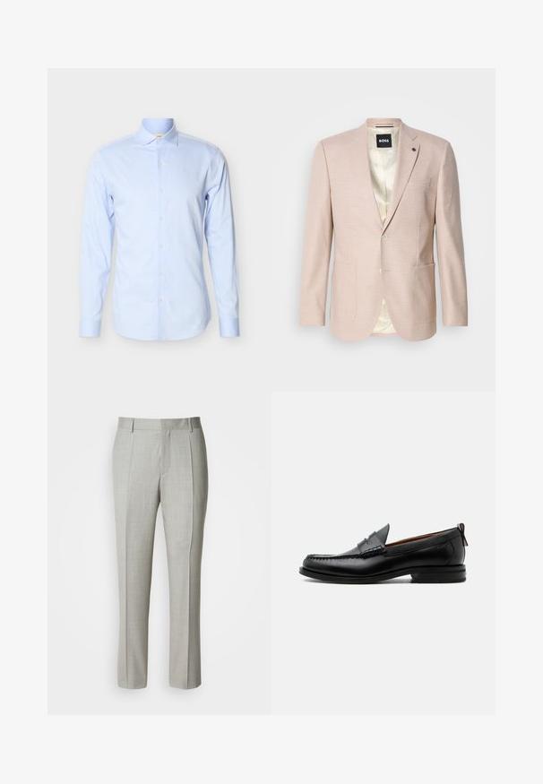 Blazer rose clair avec un motif à carreaux subtil. Présente un col cranté, deux poches avant et une fermeture à un bouton. Intérieur doublé.; Chemise bleu clair à manches longues en coton texturé avec une patte de boutonnage à l'avant, un col et de discrètes rayures verticales.; Pantalon tailleur gris clair en tissu lisse, présentant une coupe droite, des plis à l'avant, et une ceinture classique avec passants pour ceinture.; Mocassin homme en cuir noir avec couture moc toe, bride penny, col texturé et petit talon empilé sur fond blanc.