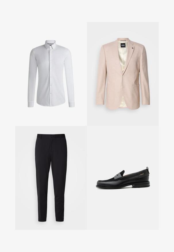 Lyserød blazer med et subtilt ternet mønster. Har en spids krave, to forreste lommer og en enkelt knaplukning. Foret inderdel.; Langærmet hvid skjorte lavet af glat stof, med en krave med knapper og en række knapper foran. Enkelt design.; Sorte bukser med struktureret stof, der har en lige pasform, standard talje med en knap og sidelommer.; Sort læderloafer med grå remdetalje, lav hæl og tekstureret sål, mærket med "HUGO" i guld på siden.