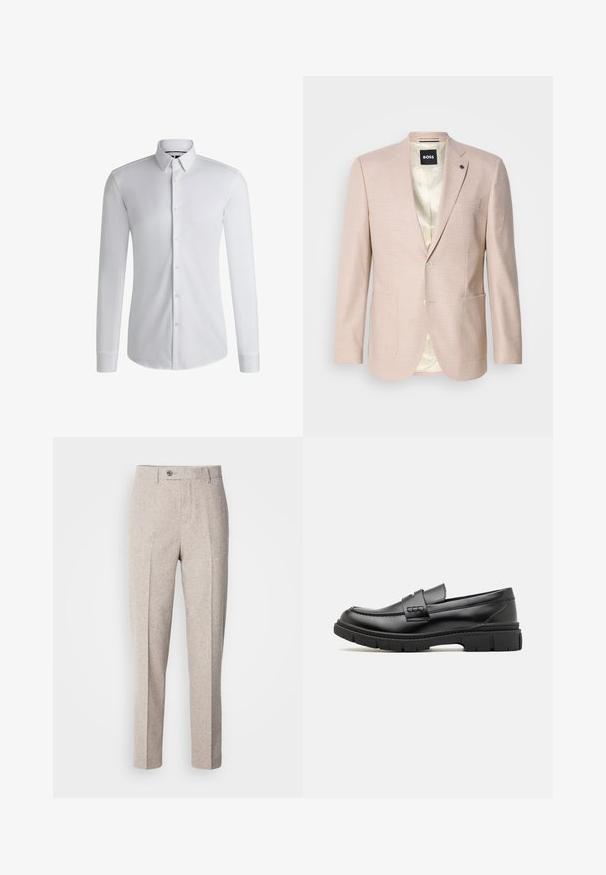 Blazer rosa claro con un sutil patrón de cuadros. Cuenta con solapa muestrada, dos bolsillos frontales y cierre de un solo botón. Forrado en su interior.; Camisa blanca de manga larga hecha de tejido suave, con un cuello abotonado y una fila de botones en la parte delantera. Diseño simple.; Pantalones de lana beige claro con una textura suave, corte recto, pliegues en la parte frontal y un cierre de botón único en la cinturilla.; Mocasin de cuero negro con una cinta ancha en el empeine, suela de goma con tacos gruesos y textura suave. Diseño clásico y elegante.