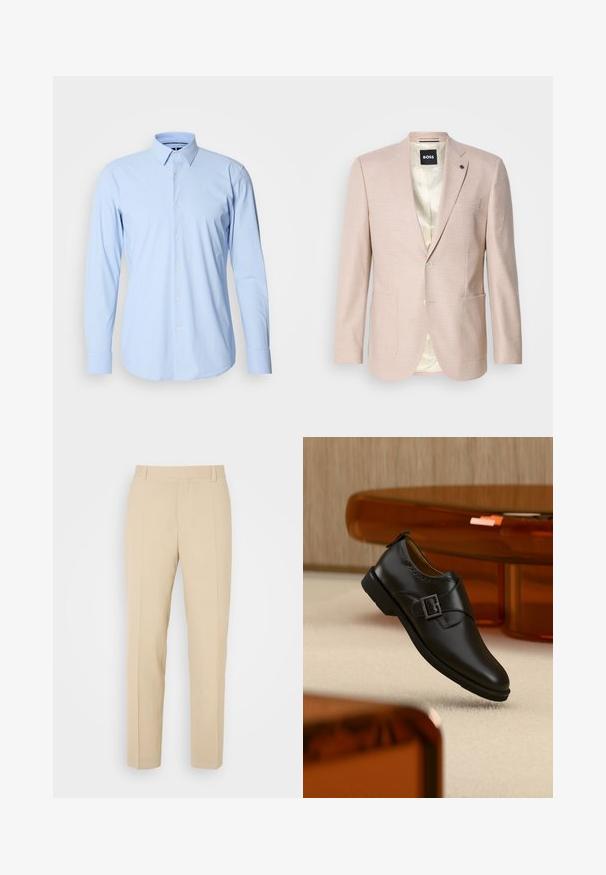 Lichtroze blazer met een subtiel ruitpatroon. Heeft een geknipt revers, twee voorzakken en een sluiting met één knop. Gevoerd interieur.; Lichtblauwe lange mouwen shirt gemaakt van een katoenmix, met een knoopsluiting aan de voorkant, enkele manchetten en een klassiek kraagontwerp.; Beige op maat gemaakte broek met een recht gesneden ontwerp, gemaakt van lichtgewicht stof, met twee voorzakken en nette, geplooide vouwen.; Zwarte leren monkstrap schoen met gespen van zilver, zwevend boven beige tapijt met bruin doorschijnend meubilair op de achtergrond.