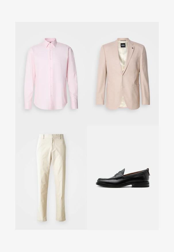 Blazer rosa claro con un sutil patrón de cuadros. Cuenta con solapa muestrada, dos bolsillos frontales y cierre de un solo botón. Forrado en su interior.; Camisa de manga larga de color rosa claro, confeccionada en tejido texturizado, con cuello estándar y cierre de botones en la parte delantera.; Pantalones tailored en beige claro con un patrón texturizado, corte recto y una cinturilla de altura media, que cuentan con trabillas para el cinturón y sin bolsillos visibles.; Mocasín de hombre de piel negra con costura moc toe, tira penny, cuello texturizado y tacón bajo apilado sobre fondo blanco.
