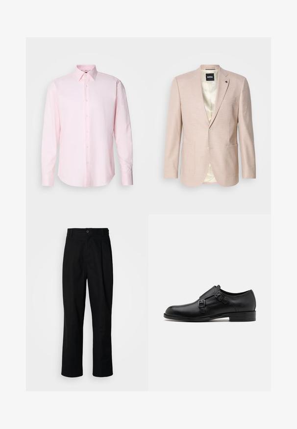 Heller rosa Blazer mit dezentem Karomuster. Verfügt über einen Reverskragen, zwei vordere Taschen und einen einzelnen Knopfverschluss. Gefüttertes Innenfutter.; Helles rosa Langarmhemd aus strukturiertem Stoff, mit einem klassischen Kragen und Knopfverschluss vorne.; Schwarze gerade geschnittene Hosen mit einem Knopfverschluss, Gürtelschlaufen und Vorderfalten, vor einem schlichten weißen Hintergrund präsentiert.; Schwarze Leder- Schnürschuhe mit doppelten Schnallen, schlanker Silhouette und runder Zehenpartie. Sie verfügen über einen niedrigen Absatz und eine glatte Textur.