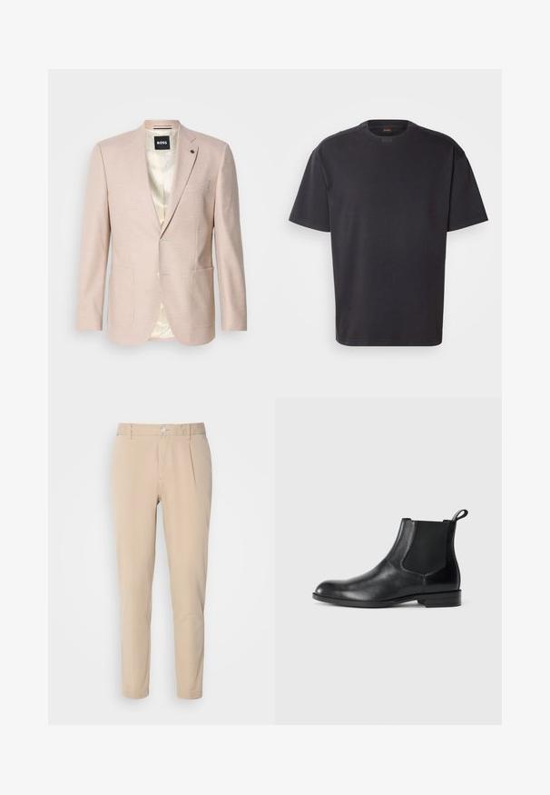 Heller rosa Blazer mit dezentem Karomuster. Verfügt über einen Reverskragen, zwei vordere Taschen und einen einzelnen Knopfverschluss. Gefüttertes Innenfutter.; Schwarzes T-Shirt mit kurzen Ärmeln aus Baumwolle, mit rundem Halsausschnitt und dezentem Branding am Kragen. Weiche Textur mit lässiger Passform.; Beige Hosen mit schmaler Passform, aus gewebtem Material. Sie verfügen über einen einzelnen Knopfverschluss, eine gefalte Vorderseite und gerade Beine.; Schwarze Leder-Stiefelette mit elastischen Seiteneinsätzen, abgerundeter Zehenpartie und einem Zugschlauf. Glatte Textur, flache Sohle, minimalistisches Design.
