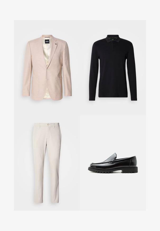 Lichtroze blazer met een subtiel ruitpatroon. Heeft een geknipt revers, twee voorzakken en een sluiting met één knop. Gevoerd interieur.; Zwarte langslavige polo shirt van gladde stof. Heeft een kraag, een placket met drie knopen en een subtiele logo op de borst.; Beige broek met een slim fit, voorzien van een sluiting met een voorste knoop, een vlakke voorkant en een rechte pijp, gemaakt van een gladde katoenmix.; Zwarte leren loafer met dikke rubberen zool, gestikte bovenkant en gegraveerde merknaam op de hiel, zijaanzicht op witte achtergrond.