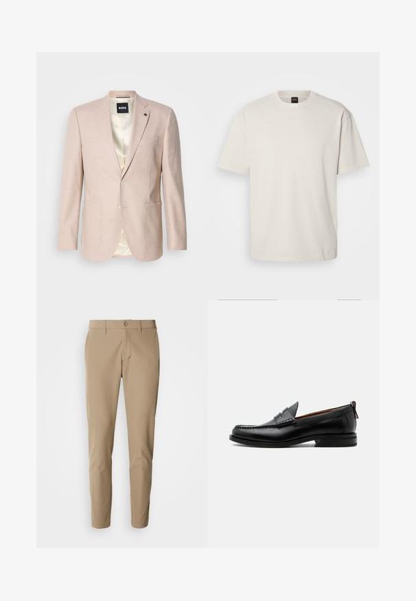 Lichtroze blazer met een subtiel ruitpatroon. Heeft een geknipt revers, twee voorzakken en een sluiting met één knop. Gevoerd interieur.; Korte mouwen, ronde hals t-shirt in off-wit katoen, met een rechte snit en minimale merkvermelding op de hals. Zachte textuur, geen patronen.; Beige broek van gladde stof met een rechte snit, voorzien van een knoopsluiting en voorzakken, en inclusief riemlussen.; Zwarte leren herensloffen met moc toe stiksel, pennyriem, gestructureerde kraag en lage gestapelde hak op witte achtergrond.