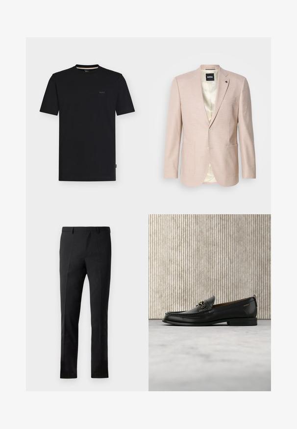 Lyserød blazer med et subtilt ternet mønster. Har en spids krave, to forreste lommer og en enkelt knaplukning. Foret inderdel.; Sort T-shirt med korte ærmer og rund hals samt et lille "BOSS"-logo på venstre bryst, vist på en ensfarvet hvid baggrund.; Sorte bukser med en skræddersyet pasform, der har en flad front, to pressefolder, bæltestropper og en glat overflade. Ingen synlige mønstre eller beslag.; Sort læderloafers med guldfarvet metaldekoration og "HUGO" branding, vist mod en beige tæppe og brunt gennemsigtigt møbel.