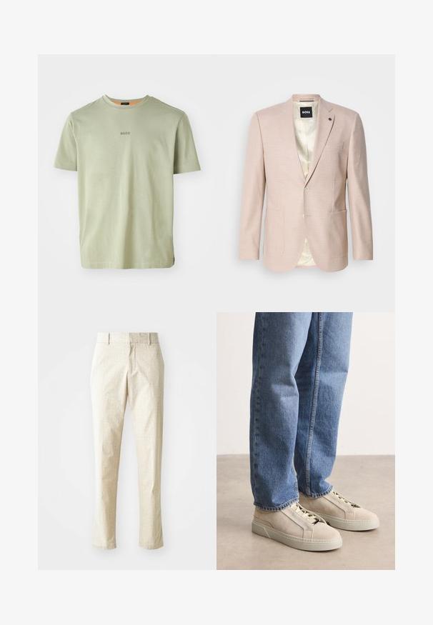 Lyserød blazer med et subtilt ternet mønster. Har en spids krave, to forreste lommer og en enkelt knaplukning. Foret inderdel.; Olivengrøn kortærmet T-shirt lavet af blødt stof, med rund halsudskæring og et lille "BOSS"-logo trykt i midten.; Lys beige skræddersyede bukser med et tekstureret mønster, lige pasform og medium høj talje, der har bæltestropper og ingen synlige lommer.; BOSS GARYTENN_SDHDEL - Sneakers - natural ten