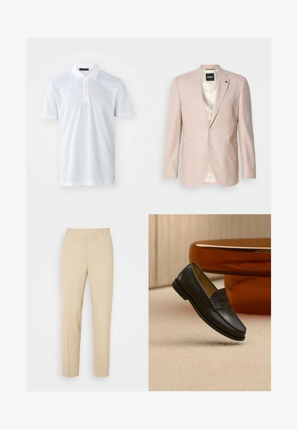Blazer rosa claro con un sutil patrón de cuadros. Cuenta con solapa muestrada, dos bolsillos frontales y cierre de un solo botón. Forrado en su interior.; Camisa polo blanca con una textura suave, tapeta de tres botones, cuello plano y mangas cortas. Presenta costuras sutiles en el dobladillo.; Pantalones de color beige ajustados con un diseño de pierna recta, elaborados en una tela ligera, que presentan dos bolsillos frontales y pliegues bien planchados.; Zapato mocasín de cuero negro suspendido sobre una alfombra beige con muebles modernos de color ámbar en el fondo.