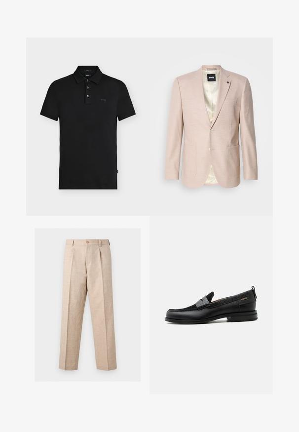 Lyserød blazer med et subtilt ternet mønster. Har en spids krave, to forreste lommer og en enkelt knaplukning. Foret inderdel.; Sort slim-fit polo skjorte med tre knapper, korte ærmer og diskret "BOSS" logo på brystet og indersiden af kraven.; Beige bukser med lige ben, plisseringer, knaplukning, bæltestropper og en skræddersyet pasform.; Sort læderloafer med grå remdetalje, lav hæl og tekstureret sål, mærket med "HUGO" i guld på siden.