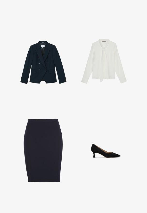 Blazer azul marino de doble botonadura con seis botones negros, solapas anchas, bolsillos con solapa y puños abotonados, diseñado para una silueta ajustada.; Blusa blanca de manga larga hecha de tela suave, con un lazo en el cuello y puños entallados. Diseño simple y clásico, sin patrones.; Falda negra recta hasta la rodilla con cintura ajustada, tela lisa y sin patrones o adornos visibles.; Zapato de tacón de ante negro con puntera afilada, tacón cuadrado bajo y forro interior suave. Diseño simple sin patrones ni acentos visibles.