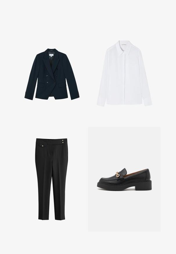 Marineblauwe dubbelgeknoopte blazer met zes zwarte knopen, brede revers, klepzakken en knoopmanchetten, op maat gemaakt voor een aansluitende silhouet.; Witte langslavige shirt van gladde stof, met een klassieke kraag, een doorknoopsluiting aan de voorkant en manchetten. Eenvoudig en strak ontwerp.; Zwarte op maat gemaakte broek met een platte voorkant, zijzakken, een kleine knoopzak met klep en twee decoratieve gouden knopen op de tailleband.; Zwarte leren loafer met een chunky plateauzool, voorzien van een goudkleurige kettingaccent en zichtbare stikdetails. Gladde textuur en strak design.