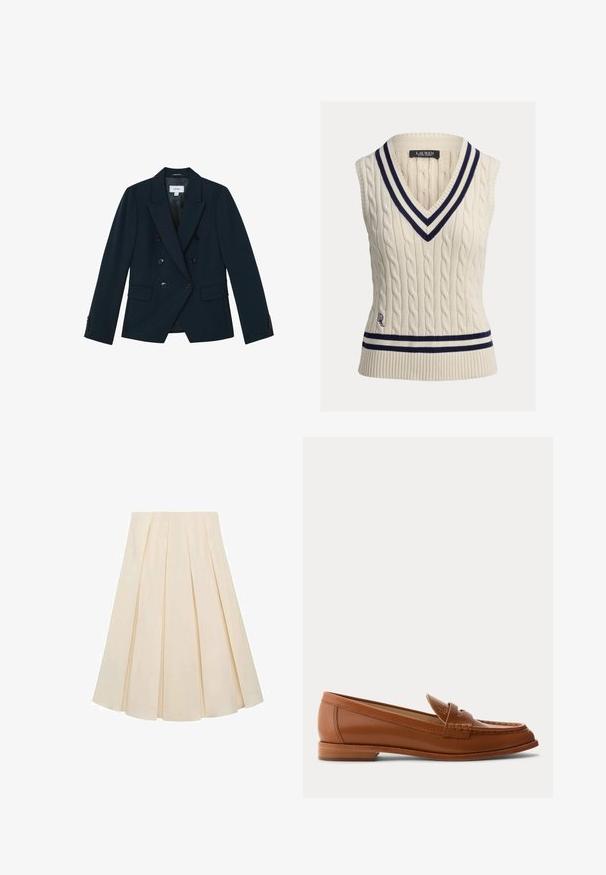 Mørkeblå dobbeltradet blazer med seks sorte knapper, brede reverser, klaplommer og knaplukning på ærmerne, skræddersyet til en tætsiddende silhuet.; Ærmeløs sweater i kabelstrik i cremefarve med dyb V-udskæring. Har navy- og hvide stribede kanter ved halsudskæringen og kanten, med logodetalje.; Plisseret nederdel i cremefarvet stof; har en blød tekstur, mellemlang design og symmetriske plisseringer, der strækker sig fra taljen til kanten.; Brun læderloafer med lavt træsål, klassisk penny-rem og syet detalje langs tå og sider.