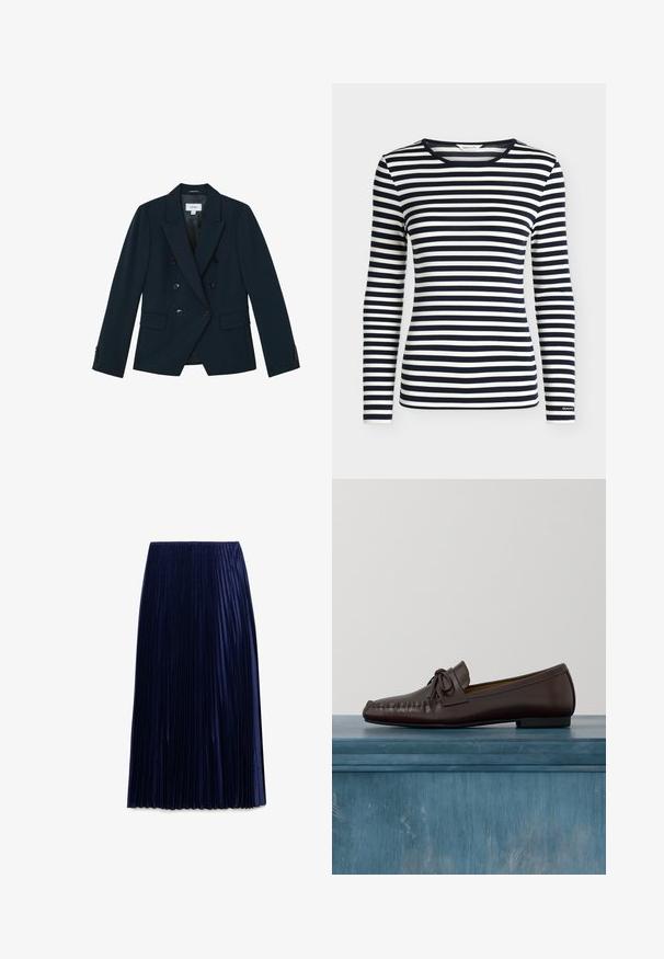 Marineblauwe dubbelgeknoopte blazer met zes zwarte knopen, brede revers, klepzakken en knoopmanchetten, op maat gemaakt voor een aansluitende silhouet.; Oversized shirt met lange mouwen met marineblauwe en witte horizontale strepen en een ronde hals, met het merk GANT op de mouwboord.; Navy geplooide midi-jurk gemaakt van lichte stof met een zachte textuur, voorzien van gelijkmatig verdeelde verticale plooien en een elastische tailleband.; Bruine leren loafers met een ronde neus, strikdetail en sierstiksels langs de wreef. Platte zwarte rubberen zool.