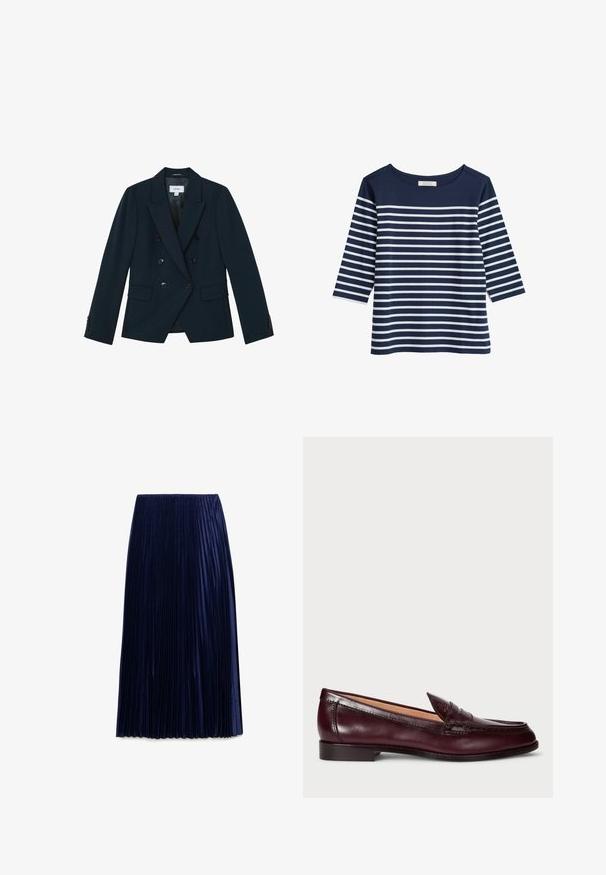 Marineblauwe dubbelgeknoopte blazer met zes zwarte knopen, brede revers, klepzakken en knoopmanchetten, op maat gemaakt voor een aansluitende silhouet.; Marineblauw katoenen top met 3/4 mouwen, voorzien van horizontale witte strepen. Ronde halslijn en een losse pasvorm. Glad textuur.; Navy geplooide midi-jurk gemaakt van lichte stof met een zachte textuur, voorzien van gelijkmatig verdeelde verticale plooien en een elastische tailleband.; Bordeaux leren loafers met een gladde afwerking, ronde neus, decoratieve stiksels en een lage hak. Het interieur heeft een zachte beige voering.