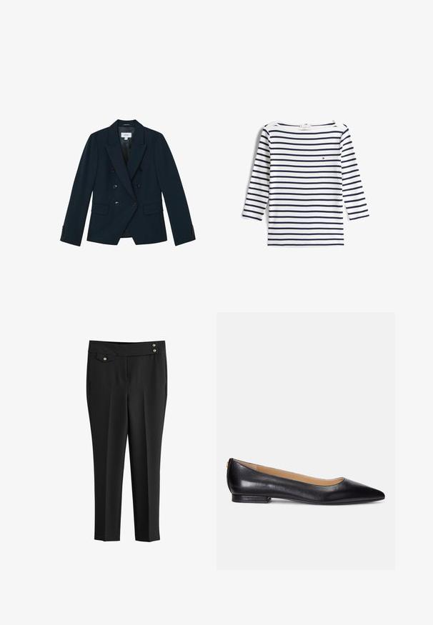 Veste bleu marine croisée à six boutons noirs, larges revers, poches à rabat et poignets boutonnés, confectionnée pour une silhouette ajustée.; Chemise blanche à manches longues avec des rayures horizontales bleu marine et un petit logo rouge, blanc et bleu sur la poitrine gauche.; Pantalons noirs cintrés avec devant plat, poches latérales, petite poche à rabat boutonnée, et deux boutons déco en or à la taille.; Ballerines en cuir noir avec un bout pointu, un petit talon et un accent doré sur le talon. Texture lisse avec une silhouette classique.