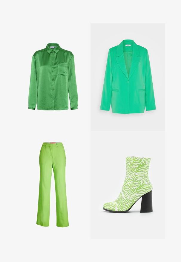 mbyM MAETTA - Blazer - bright green; Groen satijnen shirt met lange mouwen, een knoopsluiting aan de voorkant, een enkele borstzak en een gladde textuur. Kraag en manchetten zijn van dezelfde stof.; JJXX JXMARY HW PANT - Broek - green flash; Even&Odd by Zalando Lage laarzen - green