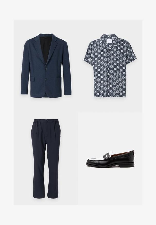 Blazer azul marino confeccionado en tejido texturizado, con un diseño de un solo botón, solapas con muesca, dos bolsillos delanteros y dos botones.; Camisa de manga corta en tela azul marino con un patrón ornamentado en blanco y azul claro, con cierre de botones y diseño de cuello.; Pantalones azul marino hechos de una tela suave con una cinturilla elástica, que cuentan con pliegues frontales y un diseño de pierna recta.; Mocasín de cuero blanco y negro con detalles cosidos, tacón bajo y diseño tipo slip-on, mostrado de lado sobre un fondo liso.