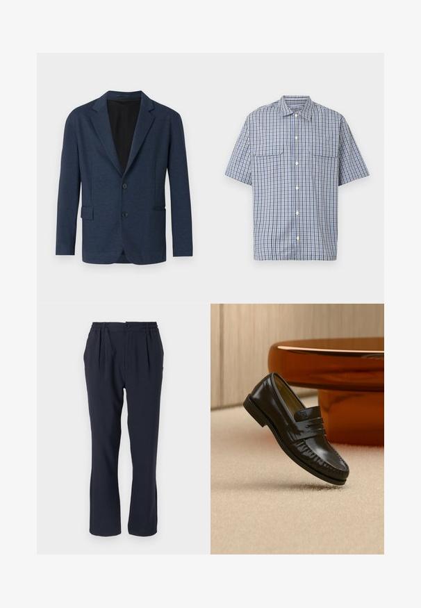 Navyblazer aus strukturiertem Stoff, mit einem einreihigen Design, Reverskragen, zwei Fronttaschen und zwei Knöpfen.; Kurzärmeliges Hemd mit Knopfleiste, blau-weiß-schwarz kariertem Muster und zwei aufgesetzten Brusttaschen vor weißem Hintergrund.; Himmelblaues Hosen aus weichem Stoff mit einem elastischen Bund, ausgestattet mit vorderen Falten und einem geraden Bein-Design.; Glänzender schwarzer Leder-Loafer mit einem Riemendetail, auf einem beigen Teppich neben einem runden braunen Couchtisch in einem sanft beleuchteten Raum platziert.