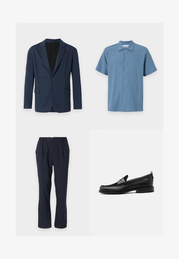 Blazer marine en tissu texturé, avec un design à un seul bouton, des revers crantés, deux poches avant et deux boutons.; Chemise à manches courtes en bleu clair, en tissu texturé, avec un motif à carreaux et un col classique. Six boutons sur le devant.; Pantalons bleu marine en tissu doux avec une taille élastique, présentant des plis sur le devant et un design à jambes droites.; Mocassin en cuir noir avec détail de bride grise, talon bas et semelle texturée, marqué "HUGO" en or sur le côté.