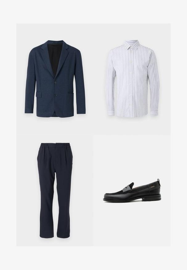 Blazer azul marino confeccionado en tejido texturizado, con un diseño de un solo botón, solapas con muesca, dos bolsillos delanteros y dos botones.; Libertine-Libertine BABYLON - Camisa - black/sand; Pantalones azul marino hechos de una tela suave con una cinturilla elástica, que cuentan con pliegues frontales y un diseño de pierna recta.; Mocasín de cuero negro con detalle de tira gris, tacón bajo y suela texturizada, con la marca "HUGO" en oro en el lateral.