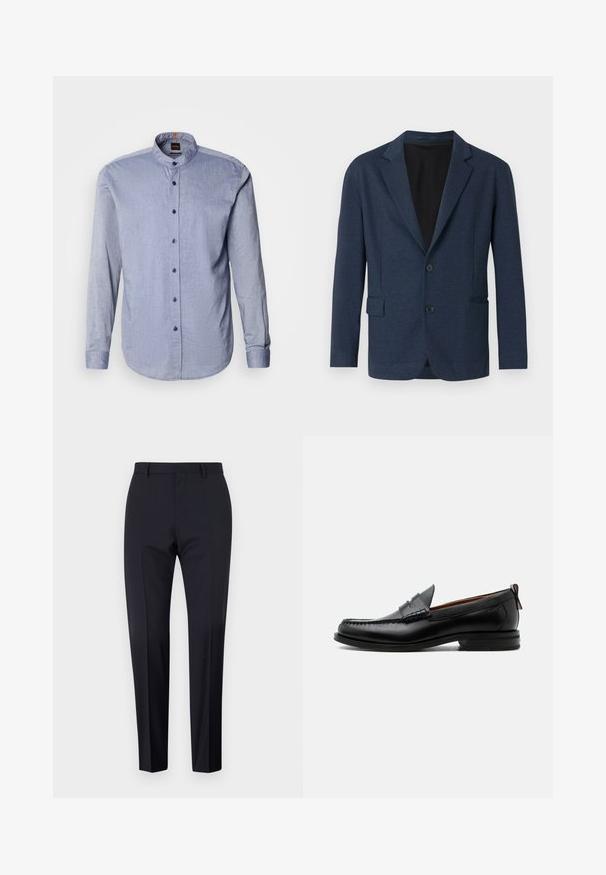 Blazer azul marino confeccionado en tejido texturizado, con un diseño de un solo botón, solapas con muesca, dos bolsillos delanteros y dos botones.; Camisa abotonada de tela azul claro, con cuello tipo banda, mangas largas y botones azul oscuro. Textura suave con un patrón sutil.; Pantalones de traje en color navy, de tiro plano, corte slim, con trabillas para cinturón y bolsillos laterales. Tejido suave con un acabado nítido, sin patrones ni acentos visibles.; Mocasín de hombre de piel negra con costura moc toe, tira penny, cuello texturizado y tacón bajo apilado sobre fondo blanco.