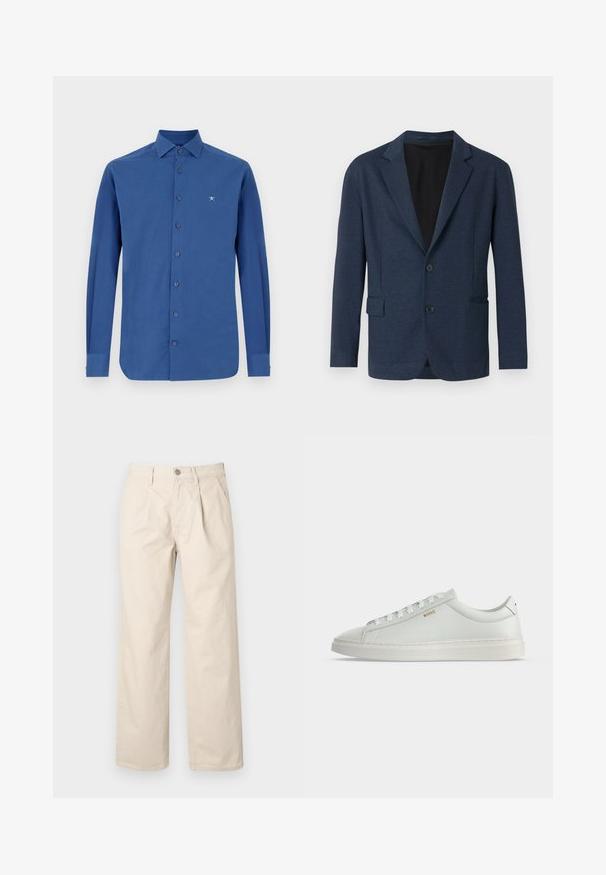 Navyblazer aus strukturiertem Stoff, mit einem einreihigen Design, Reverskragen, zwei Fronttaschen und zwei Knöpfen.; Blaues Langarmhemd aus Baumwolle, mit durchgehender Knopfleiste, klassischem Kragen und dezentem Logo-Stick auf der Brust.; Beige weit geschnittene Hose mit hoher Taille, Frontfalten, einem vorderen Knopfverschluss und einem glatten Baumwollstoff.; Weißer Leder-Sneaker in niedriger Ausführung mit Schnürsenkeln, flacher Sohle und kleinem goldfarbenem "BOSS" Logo an der Seite, von der Außenseite betrachtet.