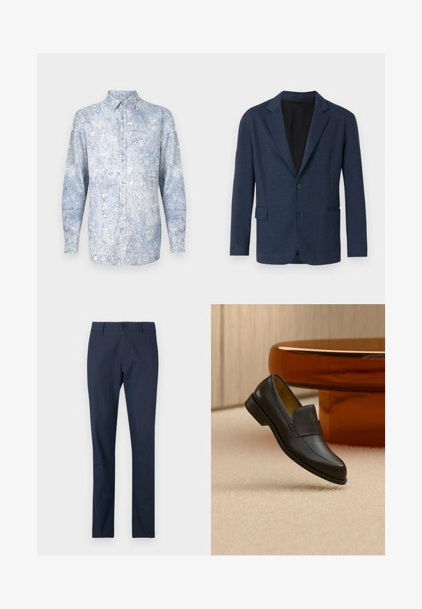 Blazer marine en tissu texturé, avec un design à un seul bouton, des revers crantés, deux poches avant et deux boutons.; Chemise boutonnée bleu clair avec motifs floraux, manches longues et col classique. Fabriquée en tissu doux avec une texture lisse.; Pantalons bleu marine à devant plat, design à jambe droite, avec une fermeture à un bouton à la taille. Tissu lisse sans motifs visibles.; Mocassin en cuir noir à talon bas flottant au-dessus d'un sol moquetté beige près d'une table ronde marron.