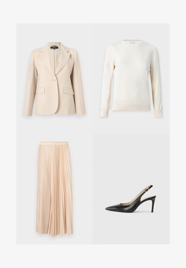 Blazer beige à un bouton avec revers crantés, deux poches à rabat et une poche poitrine à passepoil, présenté sur un fond blanc.; Pull crème à manches longues avec col rond, poignets et ourlet en côtes, présenté sur un fond uni gris clair.; Jupe midi plissée bicolore beige avec ceinture élastique, combinant des plis fins et larges pour un look fluide et texturé.; Escarpins en cuir noir avec une pointe fine, une bride ajustable et un talon aiguille élégant, présentant une finition lisse.