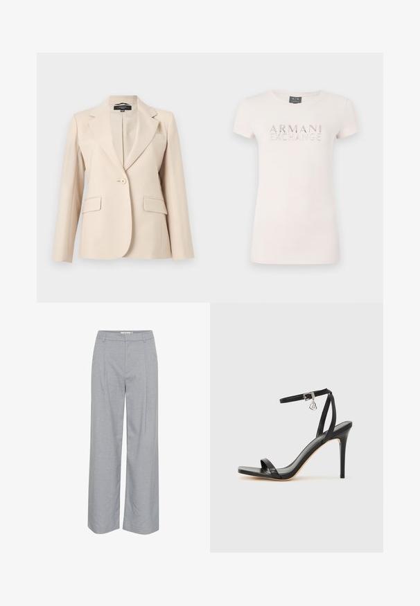 Beige blazer met één knoop, voorzien van inkeping revers, twee klepzakken en een borstpaspelzak, weergegeven tegen een witte achtergrond.; Lichtroze T-shirt met korte mouwen, voorzien van een verhoogd logo "ARMANI EXCHANGE" in metallic accenten. Zachte stof, klassieke ronde halslijn, getailleerde pasvorm.; Lichtgrijze, wijde broek met een zachte textuur, voorzien van voorplichten en een platte tailleband. Minimalistisch ontwerp, geen zichtbare hardware.; Zwarte sandaal met hoge hak, smalle enkelband, vierkante neus, soepel leermateriaal en metalen gespsluiting.