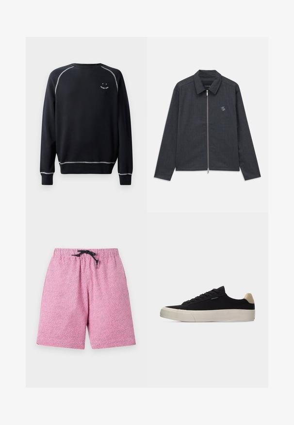 Donkergrijze lange mouwen jack met voorrits, kraag en klein wit geborduurd "FP" logo op de linkerkant van de borst.; Zwarte sweatshirt met een ronde hals, lange mouwen en contrasterende witte stiksels. Heeft een kleine grafische afbeelding op de borst. Zachte stofstructuur.; Roze patroon zwembroek met een elastische tailleband en zwarte koord. Het materiaal lijkt lichtgewicht met een gestructureerd oppervlak.; Zwarte lage sneaker met beige hielstuk, dikke witte rubberen zool, zwarte veters en een klein "PS Paul Smith" label aan de zijkant.