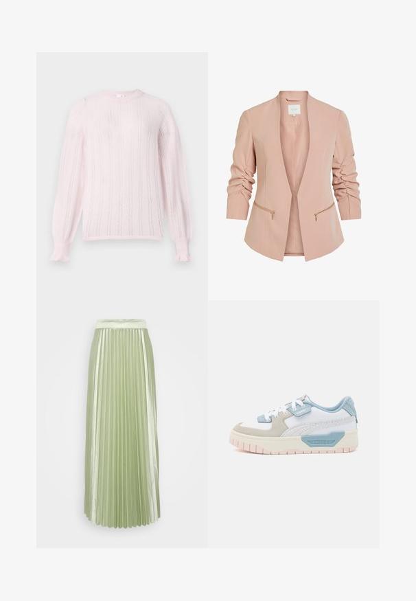 Blazer rosa claro con mangas largas que presenta detalles fruncidos y bolsillos con cremallera dorada. Diseño de frente abierto, hecho de una tela suave.; Suéter de punto rosa claro con cuello redondo, que presenta rayas verticales, puños acanalados y detalles de volantes en los extremos de las mangas.; Falda plisada en satén verde claro con una cinturilla ancha y plisados verticales, que crean una silueta suave y fluida.; Zapatillas con una parte superior de cuero blanco, acentos en azul claro, paneles de ante beige y una suela de goma texturizada en rosa; logo bordado en el costado.